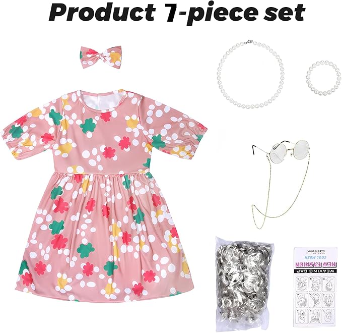 Old Lady Costume for Kids Girls Grandma 7pc Costume 100th Days of School Dress Up Halloween Cosplay Old Person Granny Outfit
