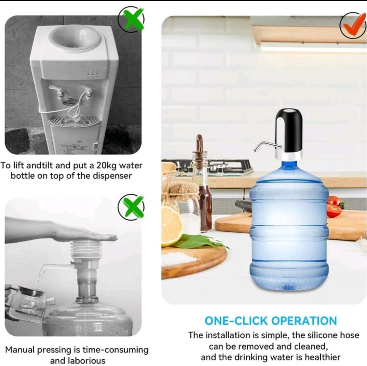 Rechargeable One-Touch Water Pump – Fits 2–5 Gallon Bottles | BPA-Free, Portable & Easy to Install – Ideal for Home, Office & Travel