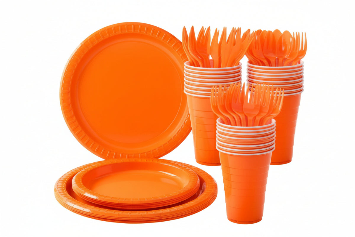 Orange - 70-Piece Solid Colour Party Tableware Set – Serves 10