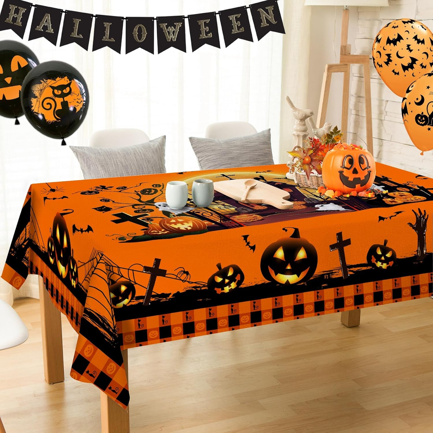 Orange Pumpkin Castle Tablecloth Halloween Disposable (140cm x 220cm) - Preppy Kids (Grand Bazaar)