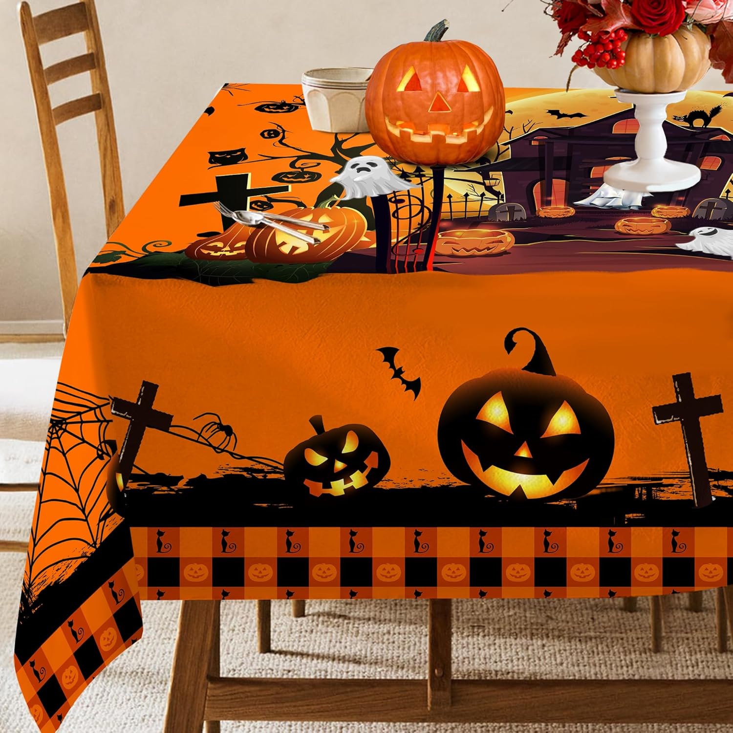 Orange Pumpkin Castle Tablecloth Halloween Disposable (140cm x 220cm) - Preppy Kids (Grand Bazaar)