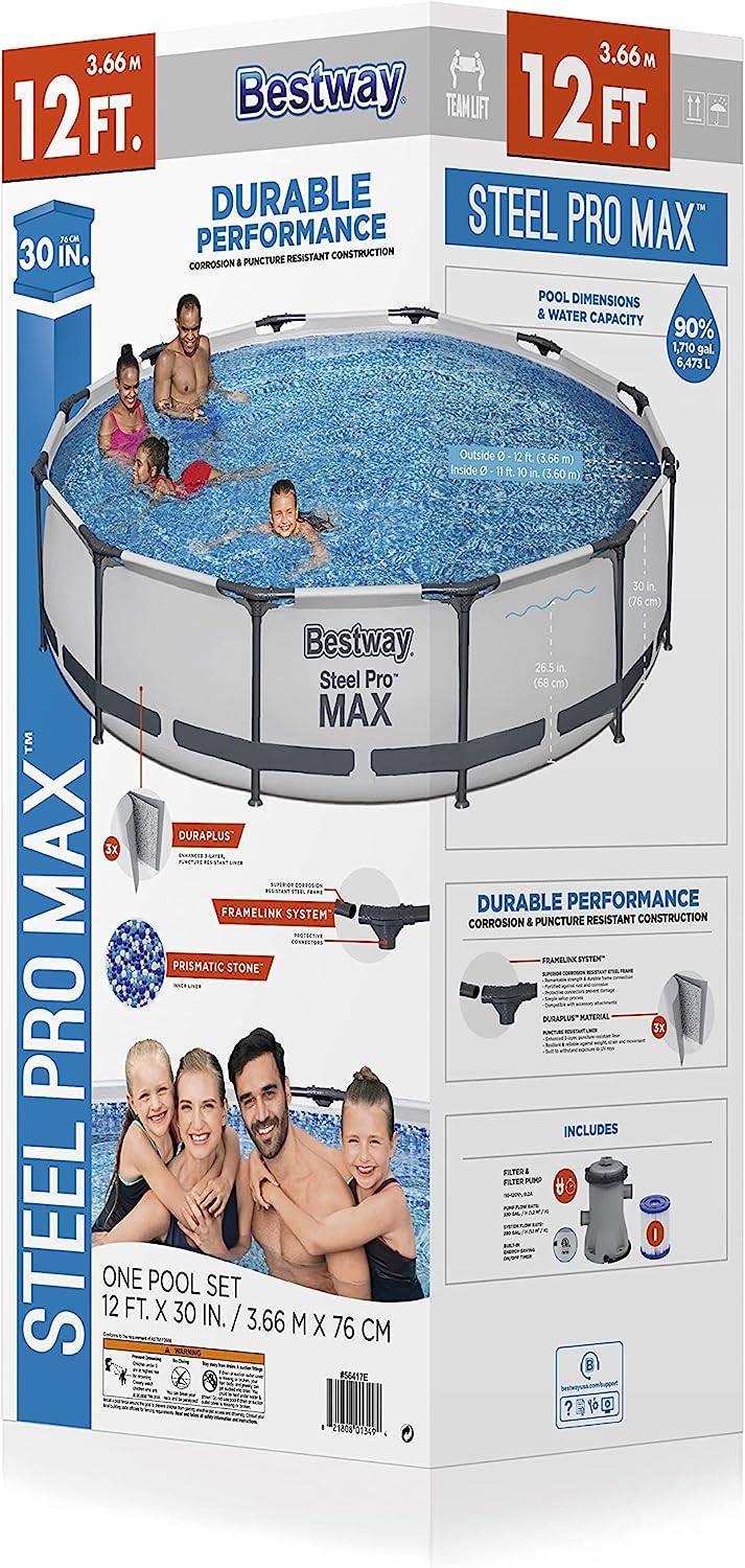 Bestway Steel Pro Above Ground, 12ft x 30 Inch | Frame Swimming Pool with Filter Pump