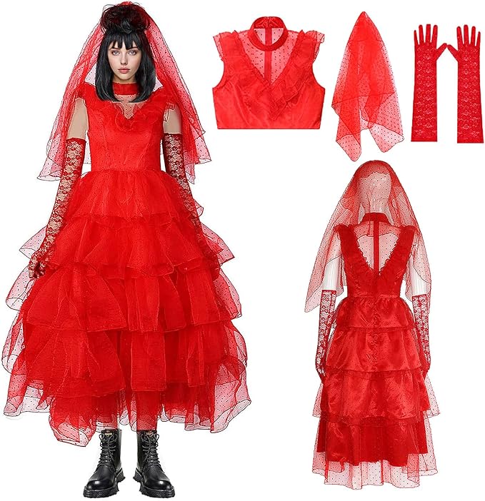 Lydia Deetz Adult Red Dress Beetlejuice Lydia Cosplay Costume Halloween Party Suit Astrid - Preppy Kids (Grand Bazaar)