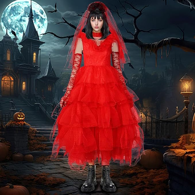 Lydia Deetz Adult Red Dress Beetlejuice Lydia Cosplay  Costume Halloween Party Suit Astrid - Preppy Kids (Grand Bazaar)