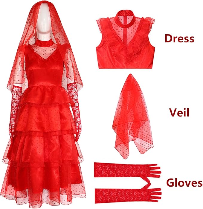 Lydia Deetz Adult Red Dress Beetlejuice Lydia Cosplay  Costume Halloween Party Suit Astrid - Preppy Kids (Grand Bazaar)