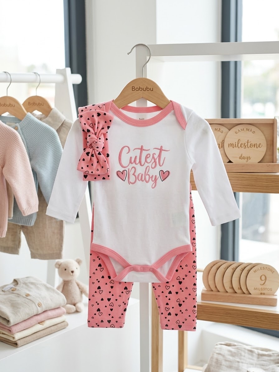 3 Piece Girl Set (Cutest Baby) Dark Pink