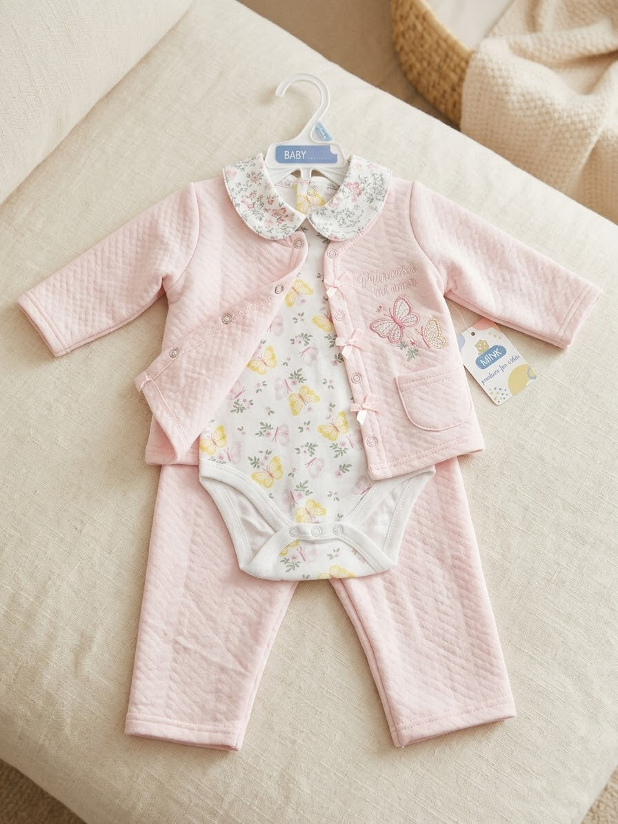 Baby Mink 3 Piece Baby Pink Butterfly Print with Cardigan