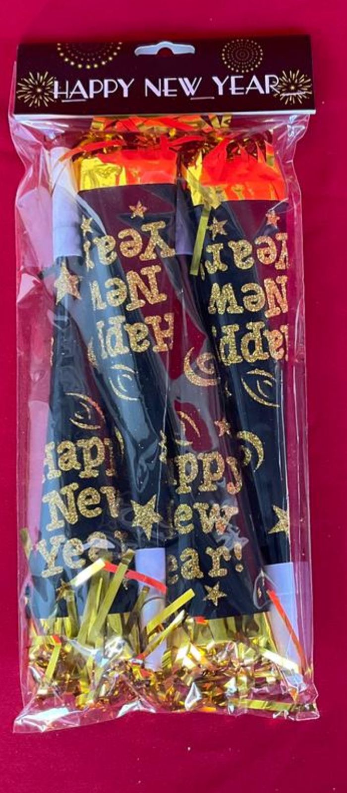 Happy New Year Gold Tinsel Horns