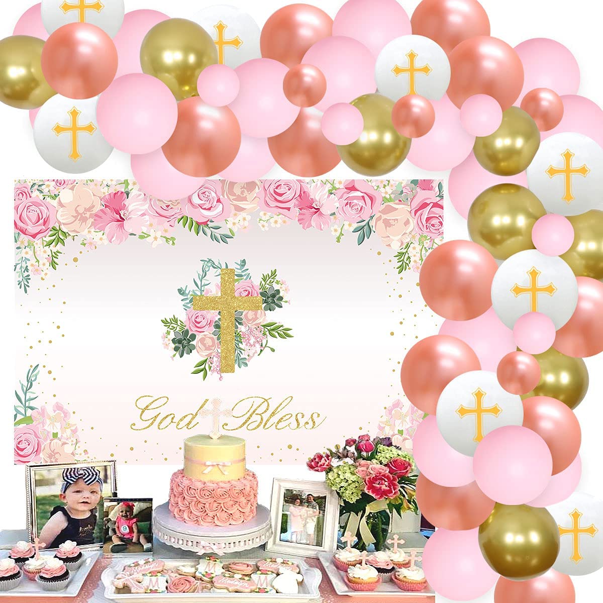 GOD BLESS Girl Backdrop Balloon Package (Christening /Baptism) pink