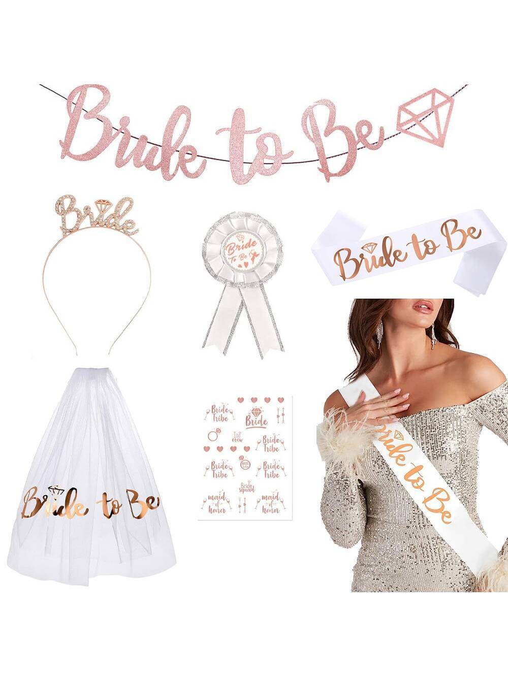 Bridè to Be Decoration Package - Bridal Shower Wedding Veil Team Bride To Be Satin Sash Girl Hen Party Bachelorette Party Decoration Supplies - Preppy Kids (Grand Bazaar)