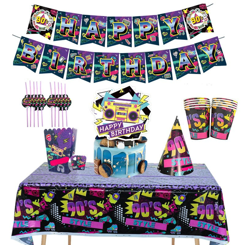 90s Hip Hop Party Disposable Tableware Plates Cups Birthday Table Cover for Disco Theme Supplies - Preppy Kids (Grand Bazaar)