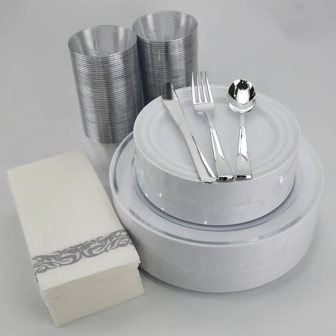 Silver Plastic Dinnerware Set for 25 Guests (175 pcs) Tableware