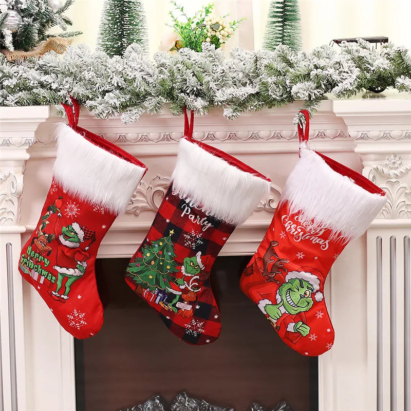 1PC Cartoon Grinch Christmas Stockings 18&quot; Big Xmas Stockings for Stairs Fireplace Hanging Xmas Home Decoration Christmas Tree Decor