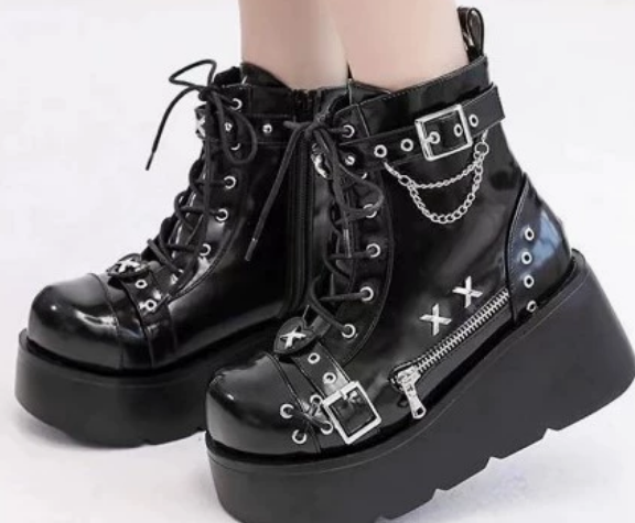 Black Gothic Grunge Leather Boots - Preppy Kids (Grand Bazaar)