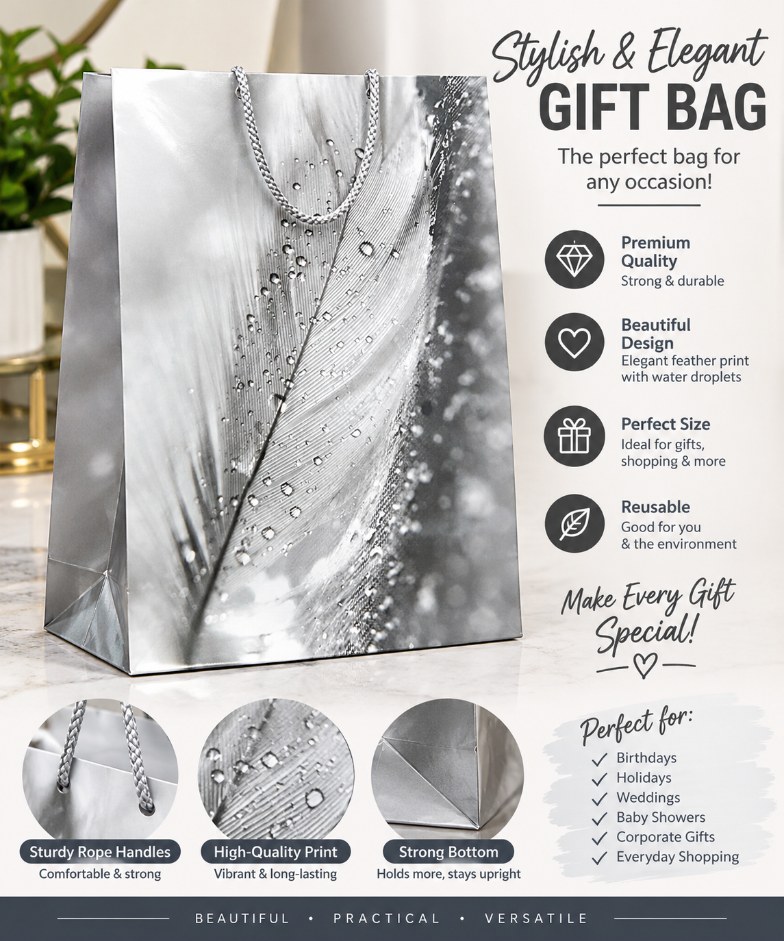 Jumbo Silver Feather Gift Bag