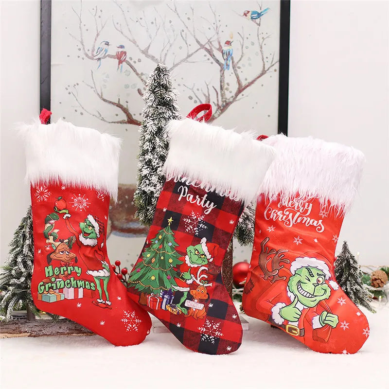 1PC Cartoon Grinch Christmas Stockings 18" Big Xmas Stockings for Stairs Fireplace Hanging Xmas Home Decoration Christmas Tree Decor