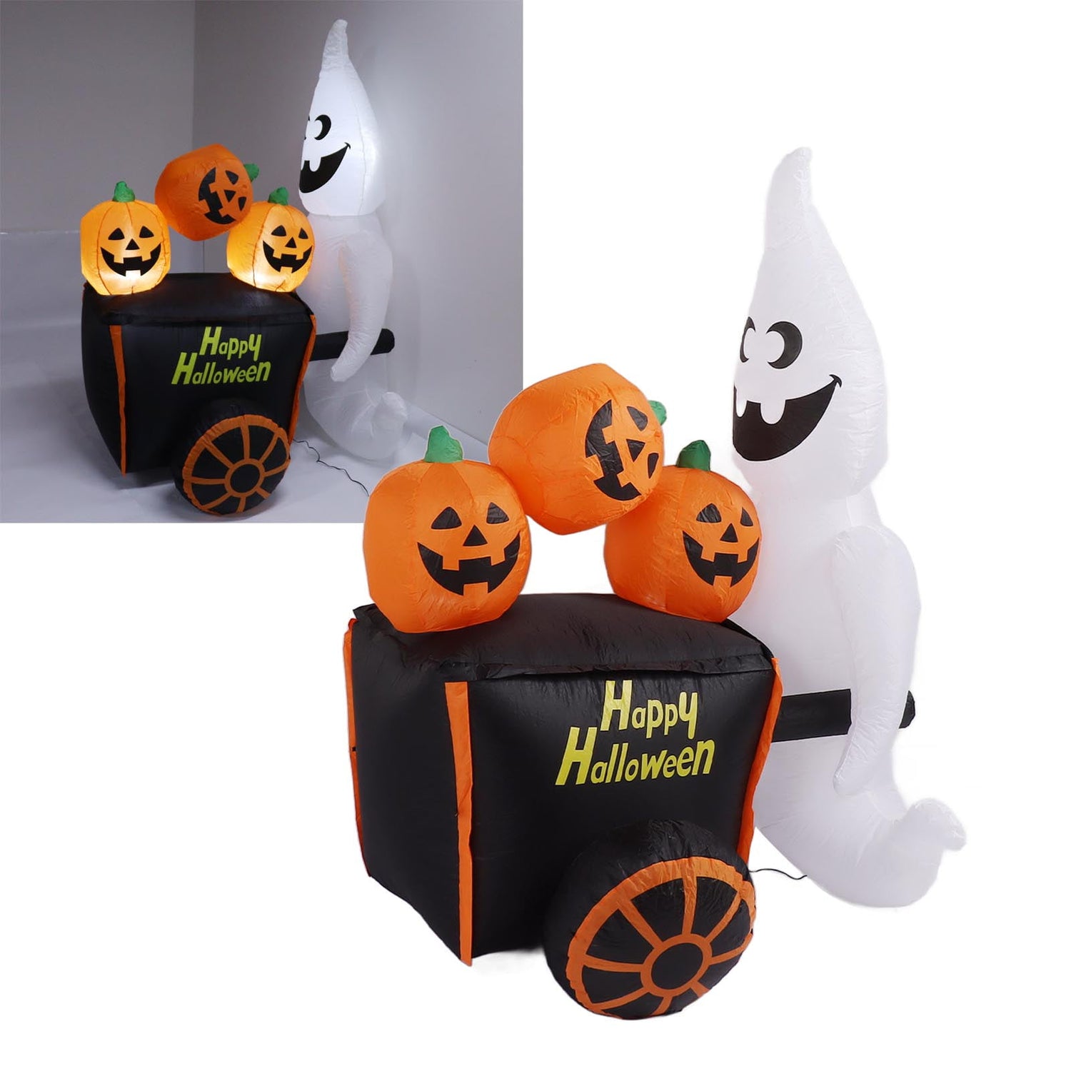 Inflatable Ghost Pushing Pumpkin Cart Decoration,6ft