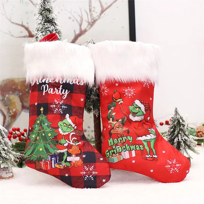 1PC Cartoon Grinch Christmas Stockings 18&quot; Big Xmas Stockings for Stairs Fireplace Hanging Xmas Home Decoration Christmas Tree Decor