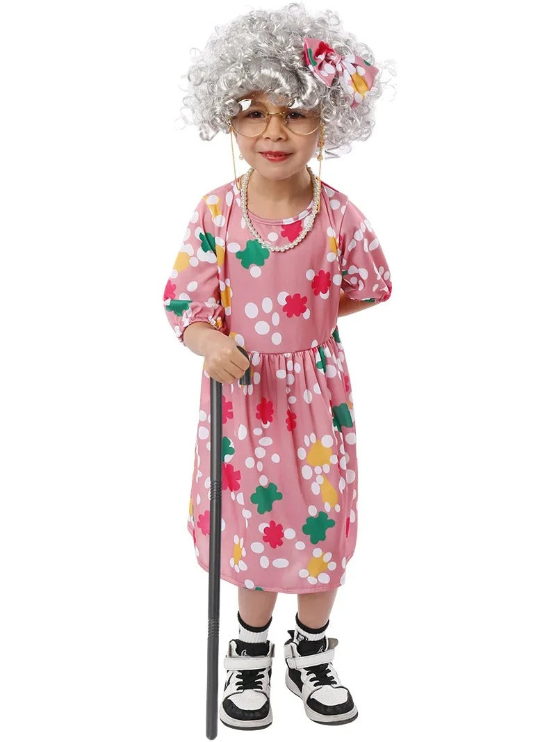 Old Lady Costume for Kids Girls Grandma 7pc Costume 100th Days of School Dress Up Halloween Cosplay Old Person Granny Outfit