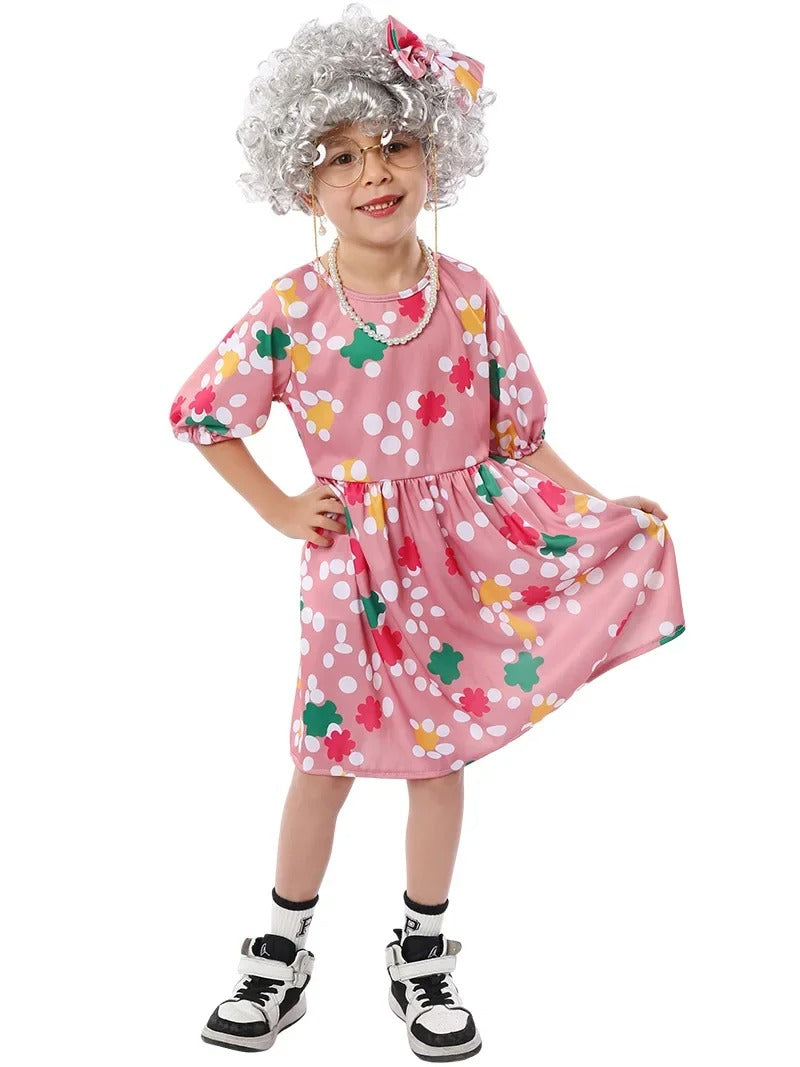 Old Lady Costume for Kids Girls Grandma 7pc Costume 100th Days of School Dress Up Halloween Cosplay Old Person Granny Outfit