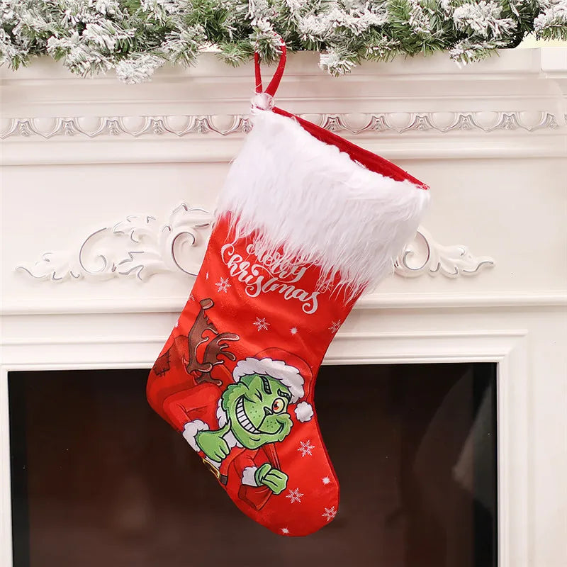 1PC Cartoon Grinch Christmas Stockings 18" Big Xmas Stockings for Stairs Fireplace Hanging Xmas Home Decoration Christmas Tree Decor