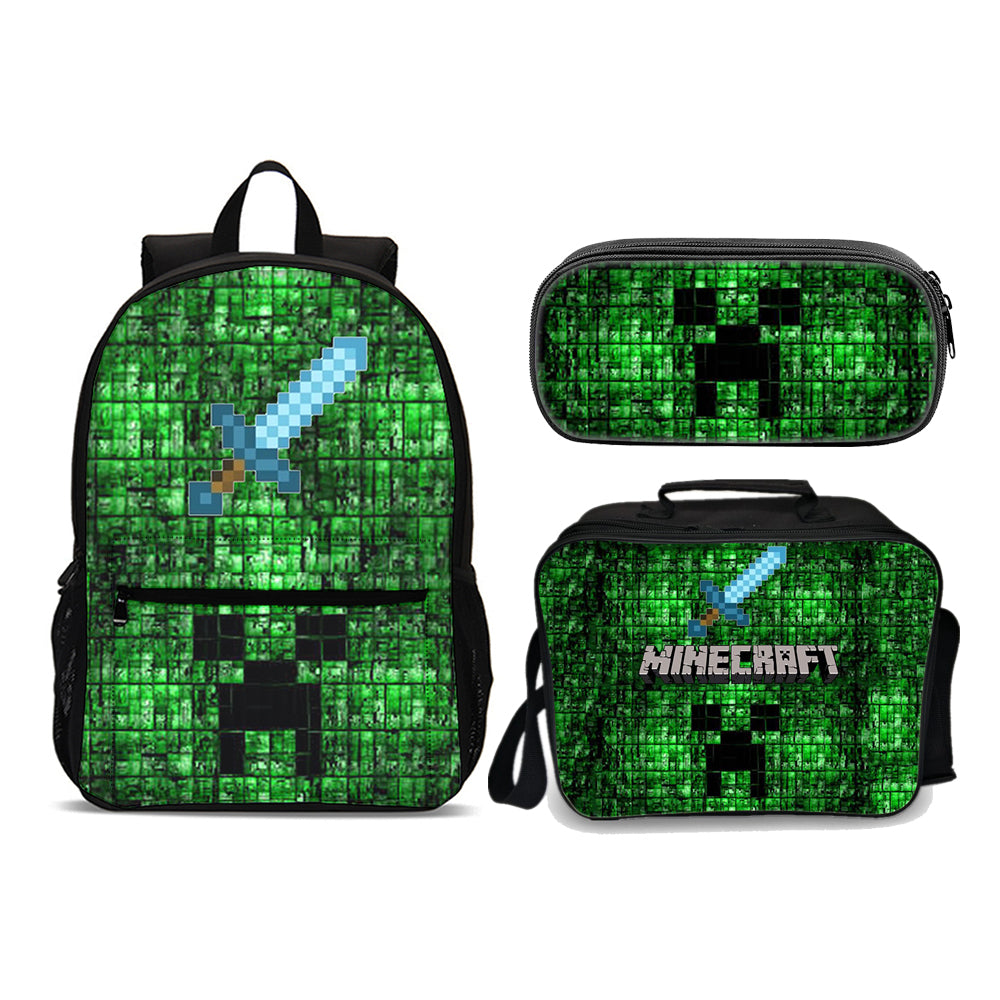 Minecraft Creeper SWORD set (3PC) (Front zipper , upgraded lunch bag) No. 4 - Preppy Kids (Grand Bazaar)