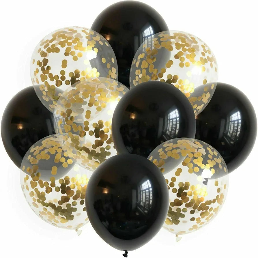 10 PC Black and Gold Confetti Balloon