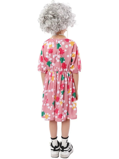 Old Lady Costume for Kids Girls Grandma 7pc Costume 100th Days of School Dress Up Halloween Cosplay Old Person Granny Outfit