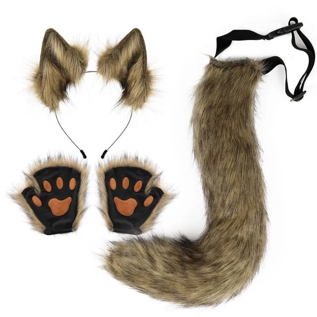 FAUX FUR WOLF EARS HEADBAND AND TAIL SET