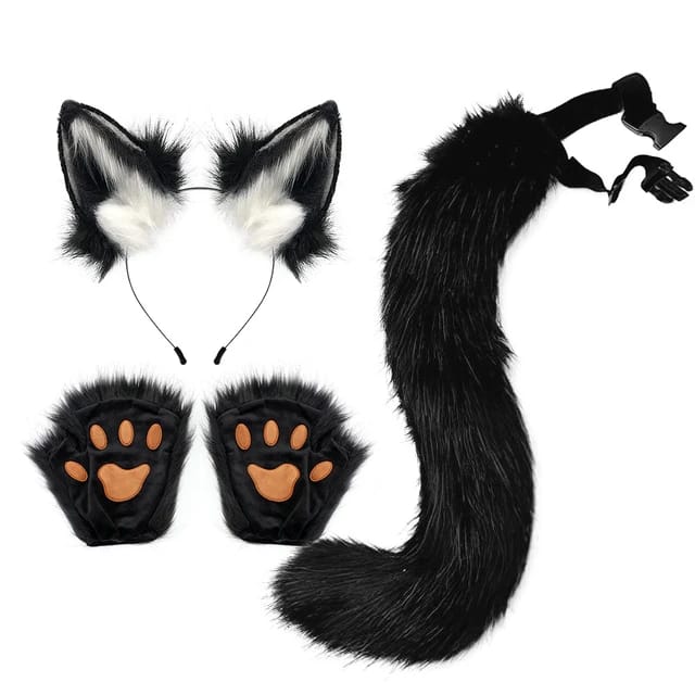 FAUX FUR WOLF EARS HEADBAND AND TAIL SET