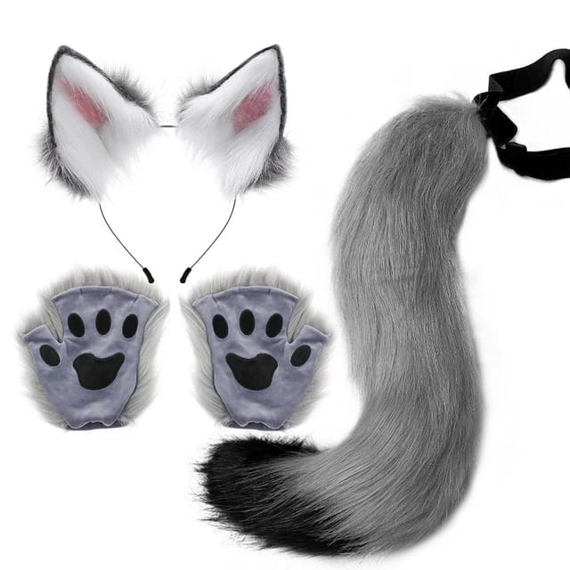 FAUX FUR WOLF EARS HEADBAND AND TAIL SET