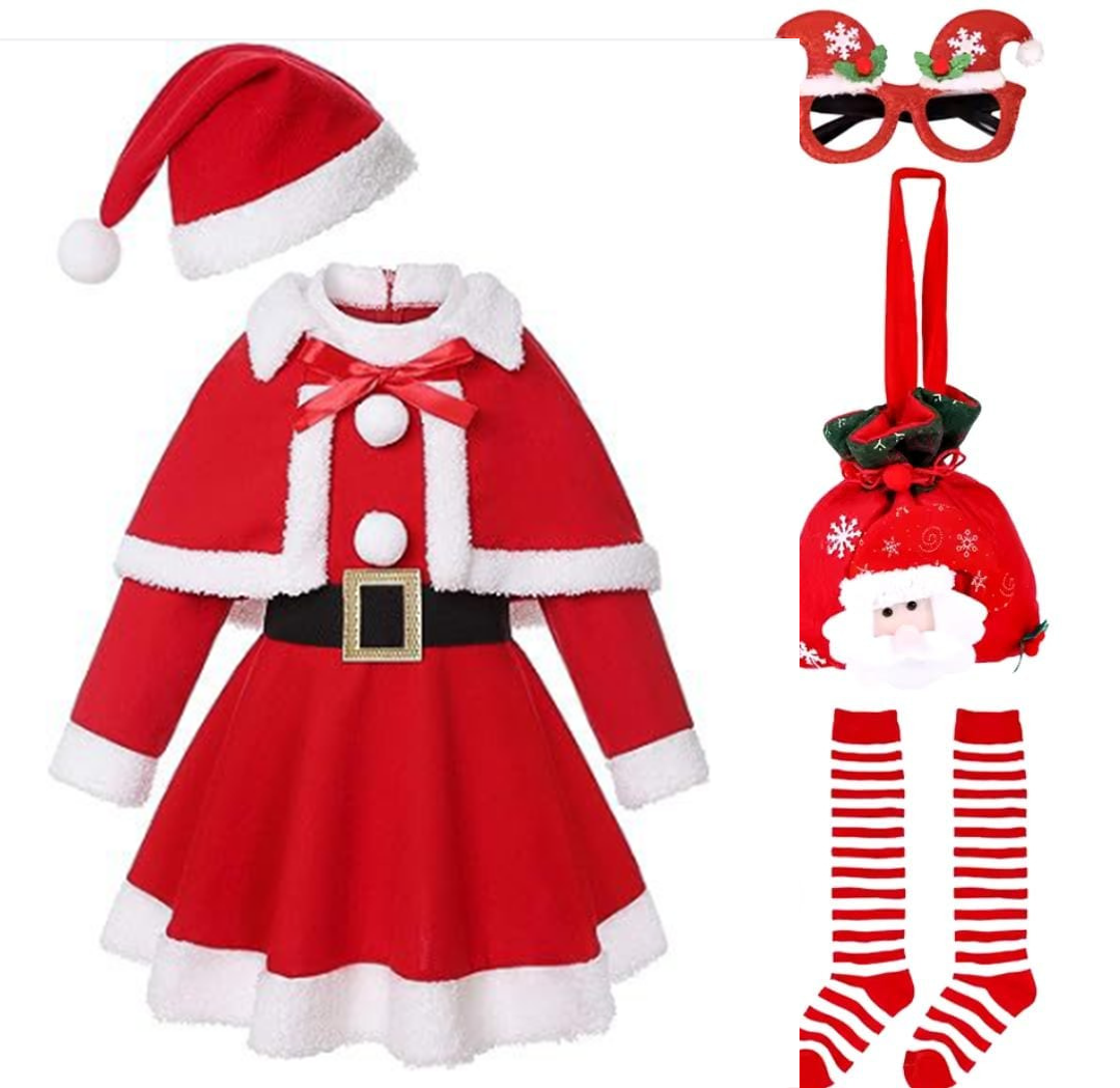 Mrs Claus Kids dress with accessories  outfit with hat with Dress Christmas dress up toddler kids