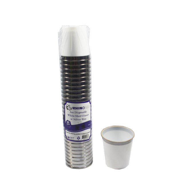 DISPOSABLE 30PC PLASTIC WHITE SHOT CUP W/SILVER RIM Shot Glasses