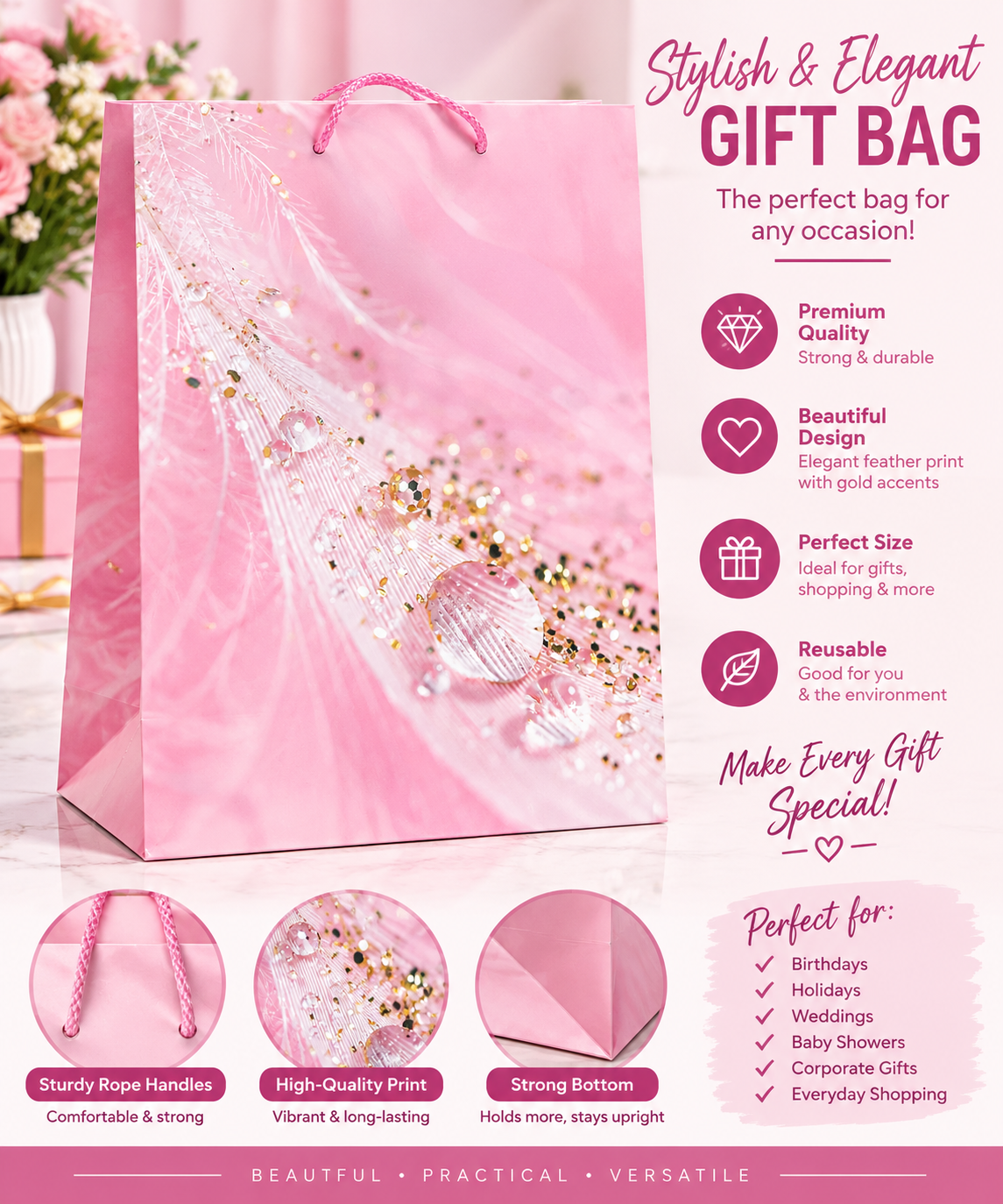 Jumbo Pink Feather Print With Gold Shining Dust Gift Bag