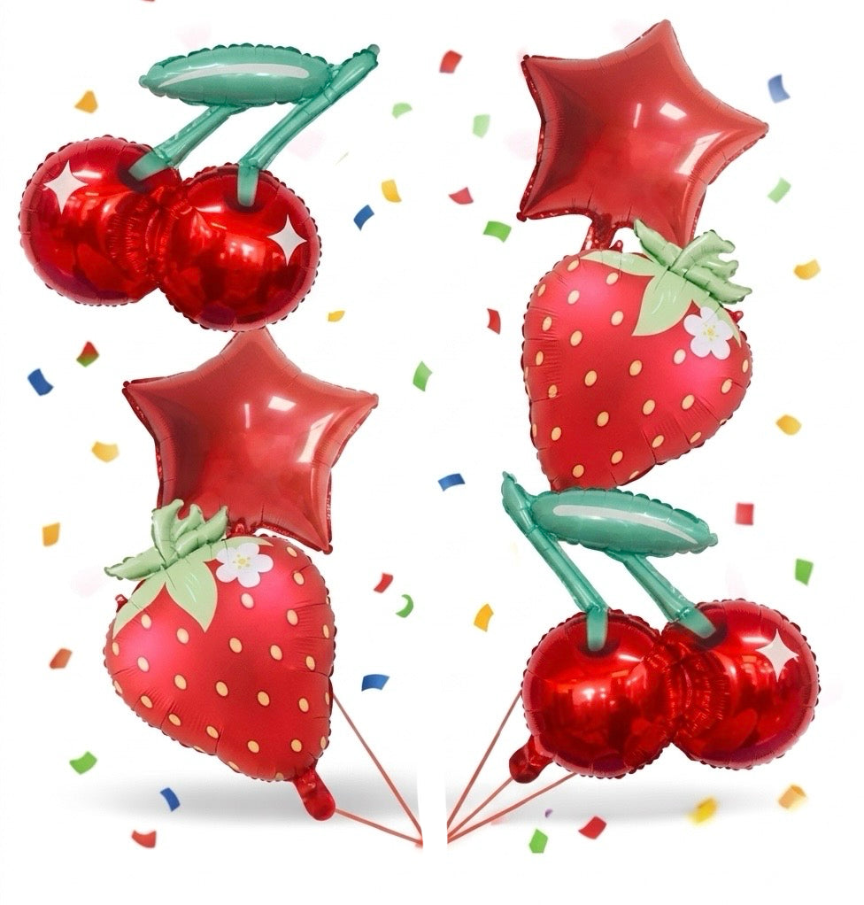 Strawberry, cherry and red star 6pc foil balloon set