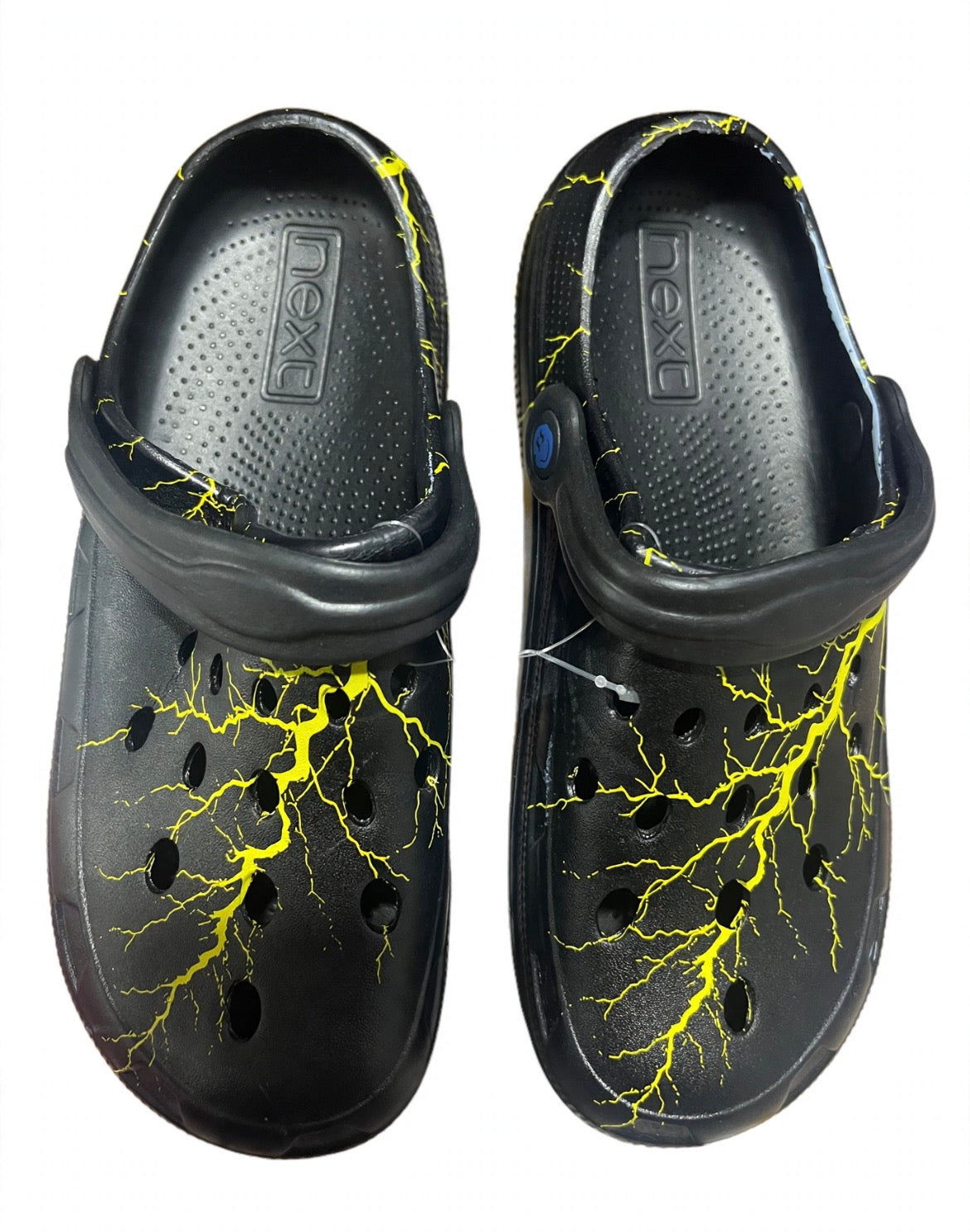 Next Black crocs with yellow lightning pattern