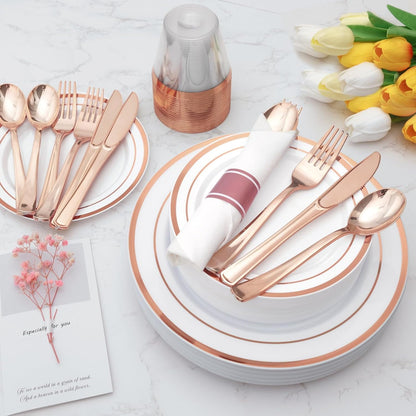 Rose Gold Plastic Dinnerware Set for 25 Guests (175 pcs) Tableware