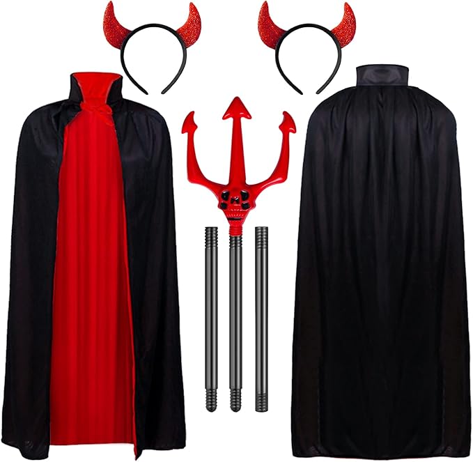 Halloween Devil Costume Set Vampire Cape Reversible CloakHorns Headband Red Shiny Halloween