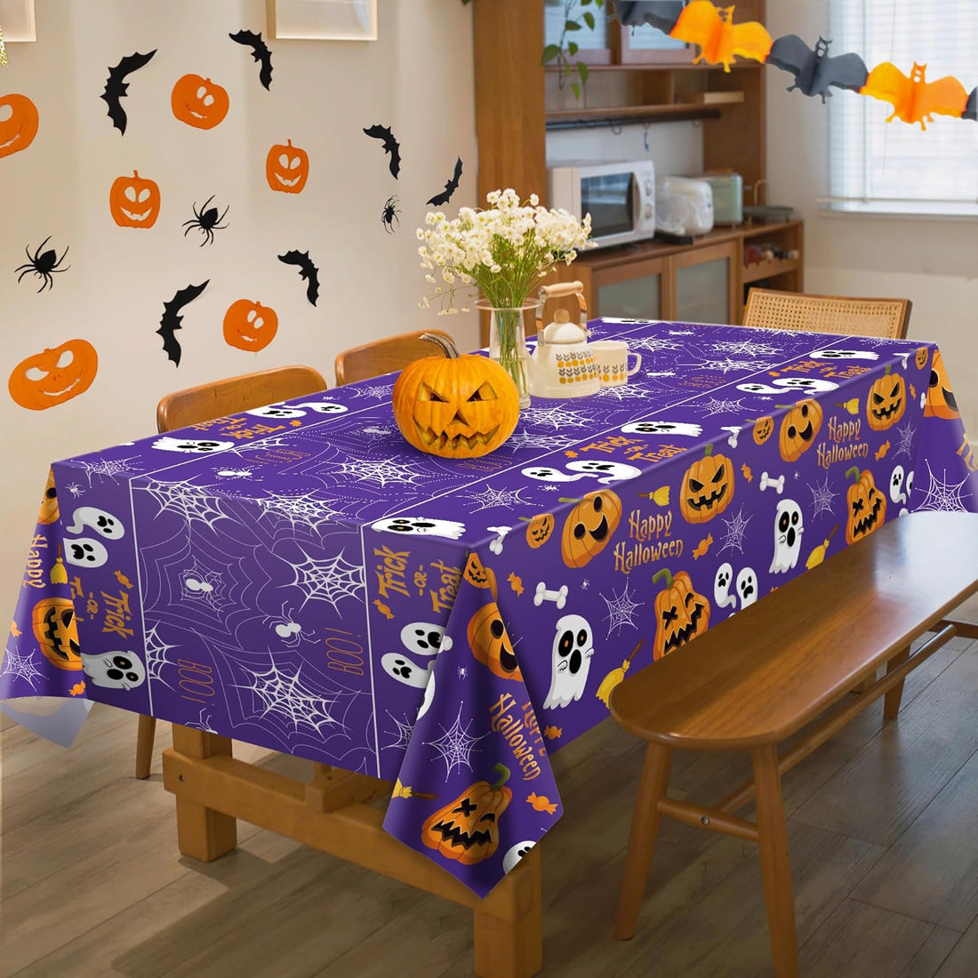 Purple Pumpkin Ghost Tablecloth Halloween Disposable (130cm x 220cm) - Preppy Kids (Grand Bazaar)