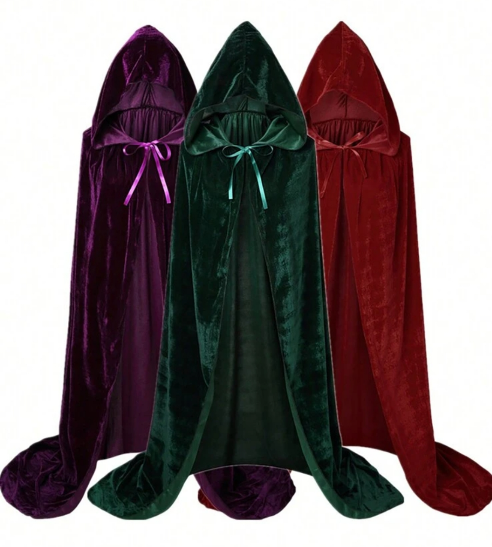 Green Gothic Hooded Velvet Cloak Adult Renaissance Witch Cloak Medieval Halloween Costume Party Robe - Preppy Kids (Grand Bazaar)