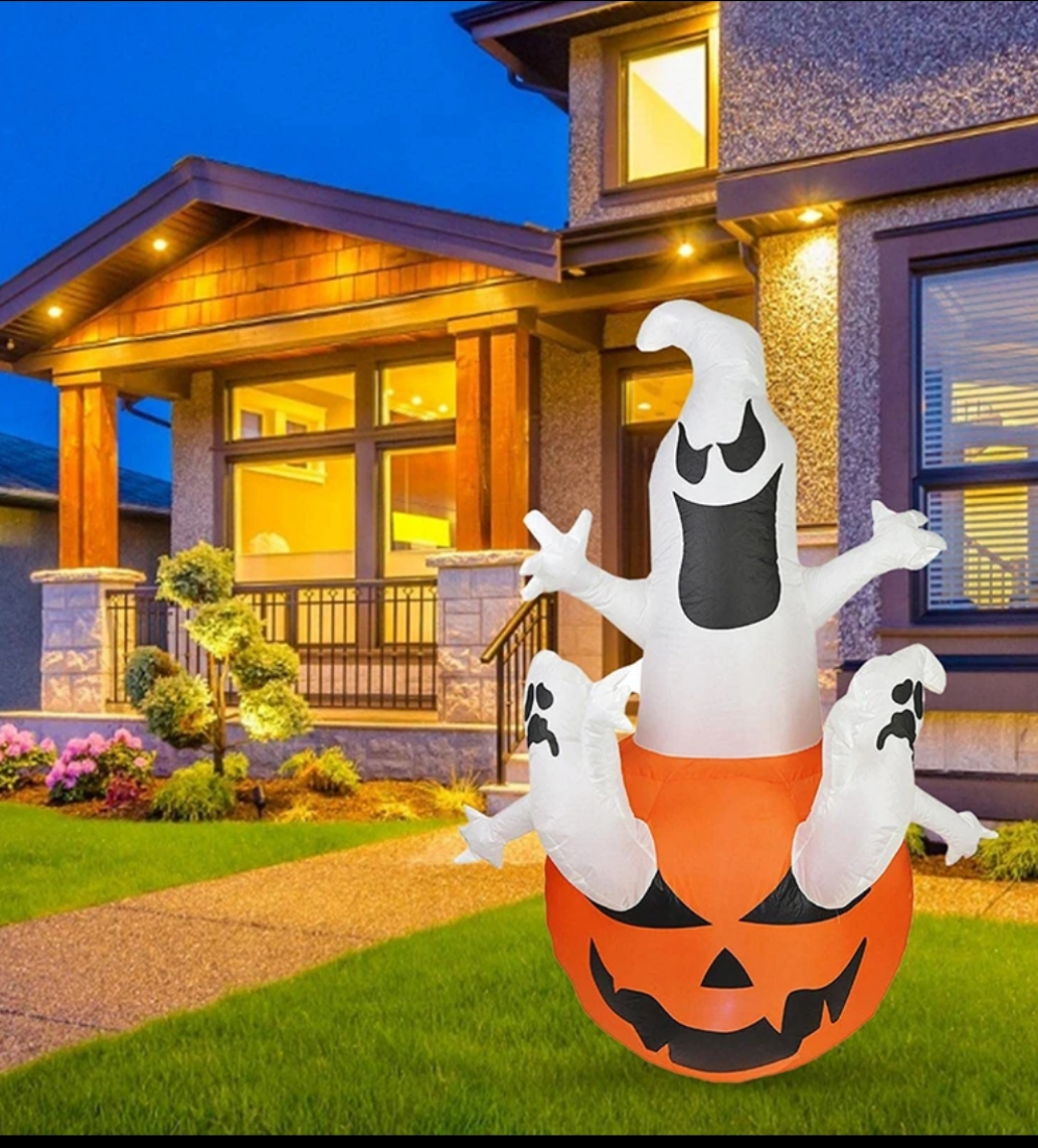 Inflatable Halloween Outdoor Decoration with LED Lights, 3 Flying Ghost Broke Out Pumpkin -