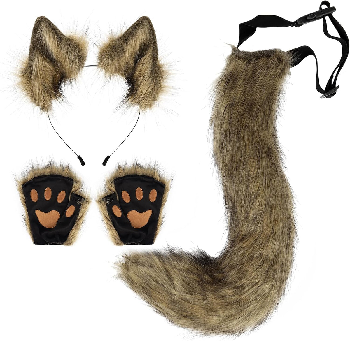 Brown FAUX FUR WOLF EARS HEADBAND AND TAIL SET