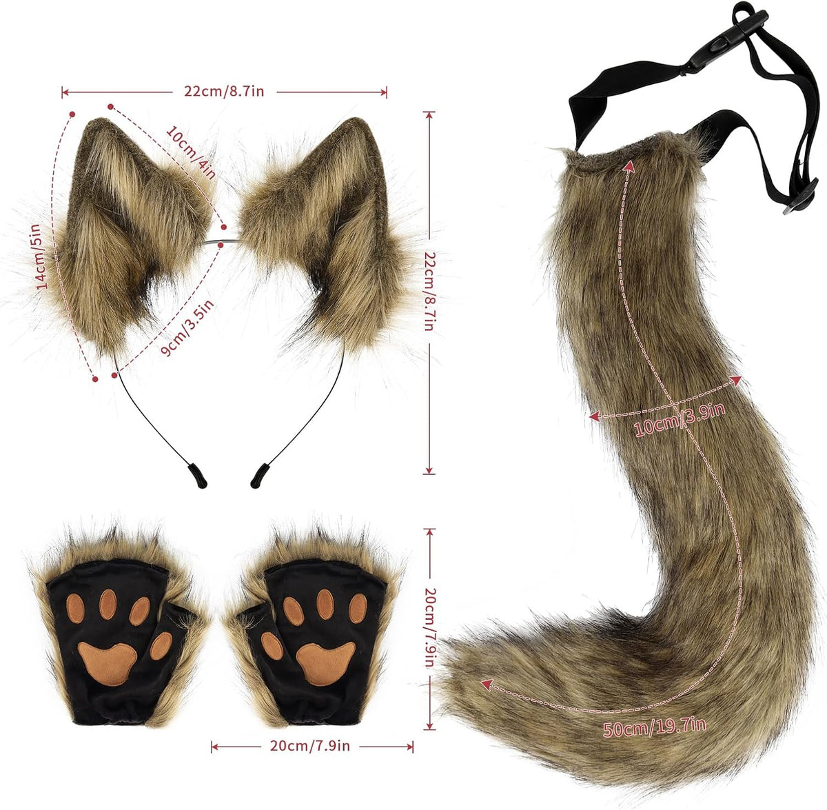 Brown FAUX FUR WOLF EARS HEADBAND AND TAIL SET