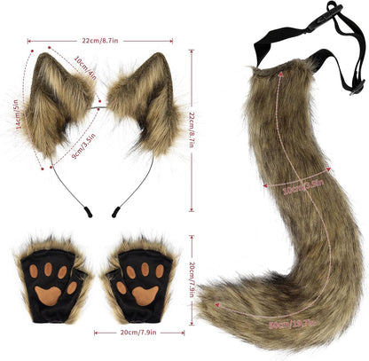 Brown FAUX FUR WOLF EARS HEADBAND AND TAIL SET