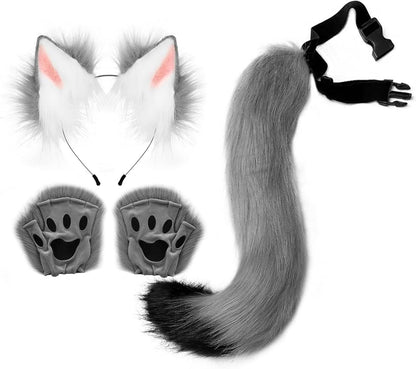 Grey FAUX FUR WOLF EARS HEADBAND AND TAIL SET