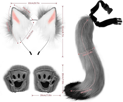 Grey FAUX FUR WOLF EARS HEADBAND AND TAIL SET