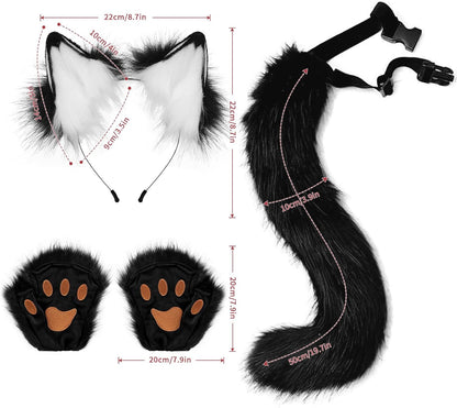 Black White FAUX FUR WOLF EARS HEADBAND AND TAIL SET