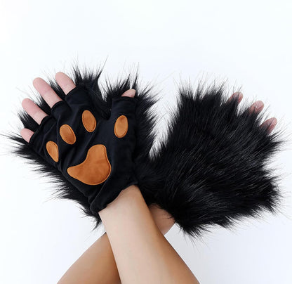 Black White FAUX FUR WOLF EARS HEADBAND AND TAIL SET