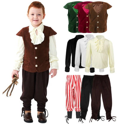 Boys Medieval Renaissance Costume Pirate Shirts Vest Knight Outfit Victorian Squire Halloween Cosplay