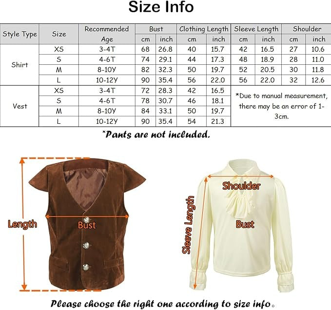 Boys Medieval Renaissance Costume Pirate Shirts Vest Knight Outfit Victorian Squire Halloween Cosplay